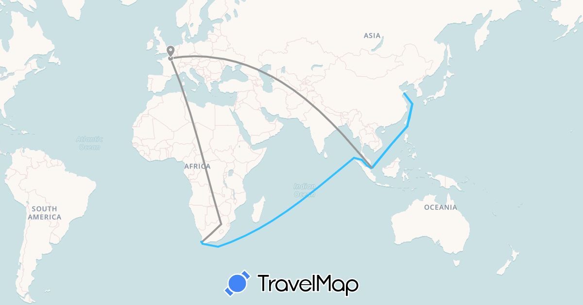 TravelMap itinerary: plane, boat in China, France, Indonesia, Malaysia, Singapore, South Africa (Africa, Asia, Europe)