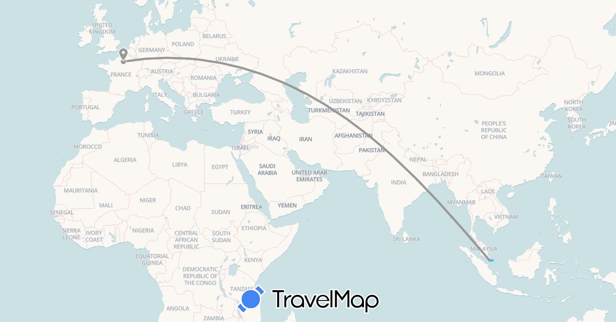 TravelMap itinerary: driving, plane, boat in France, Indonesia, Singapore (Asia, Europe)