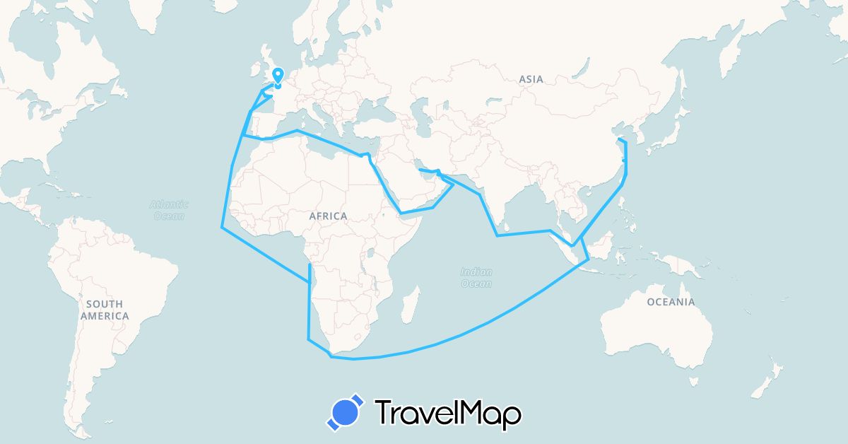TravelMap itinerary: driving, boat in United Arab Emirates, Angola, China, Djibouti, Egypt, France, Indonesia, Iran, Morocco, Oman, Saudi Arabia, Taiwan (Africa, Asia, Europe)