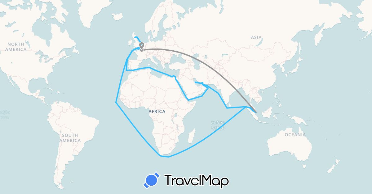 TravelMap itinerary: driving, plane, boat in United Arab Emirates, Egypt, Spain, France, United Kingdom, Guernsey, Indonesia, Iran, Morocco, Malta, Oman, Saudi Arabia, Singapore (Africa, Asia, Europe)