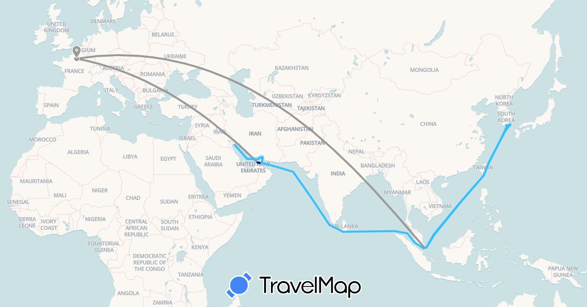 TravelMap itinerary: driving, plane, boat in United Arab Emirates, France, Indonesia, Iraq, Iran, South Korea, Sri Lanka, Malaysia, Oman, Singapore, Taiwan (Asia, Europe)