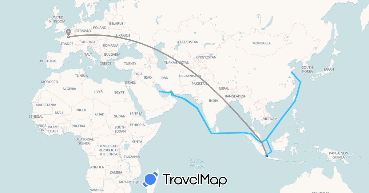 TravelMap itinerary: driving, plane, boat in United Arab Emirates, China, France, Indonesia, Iran, Malaysia, Oman, Saudi Arabia, Singapore, Taiwan (Asia, Europe)