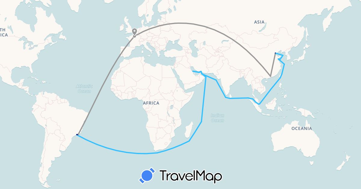 TravelMap itinerary: driving, plane, boat in Brazil, China, France, Indonesia, Iran, Malaysia, Oman, Saudi Arabia, Singapore, Taiwan (Asia, Europe, South America)